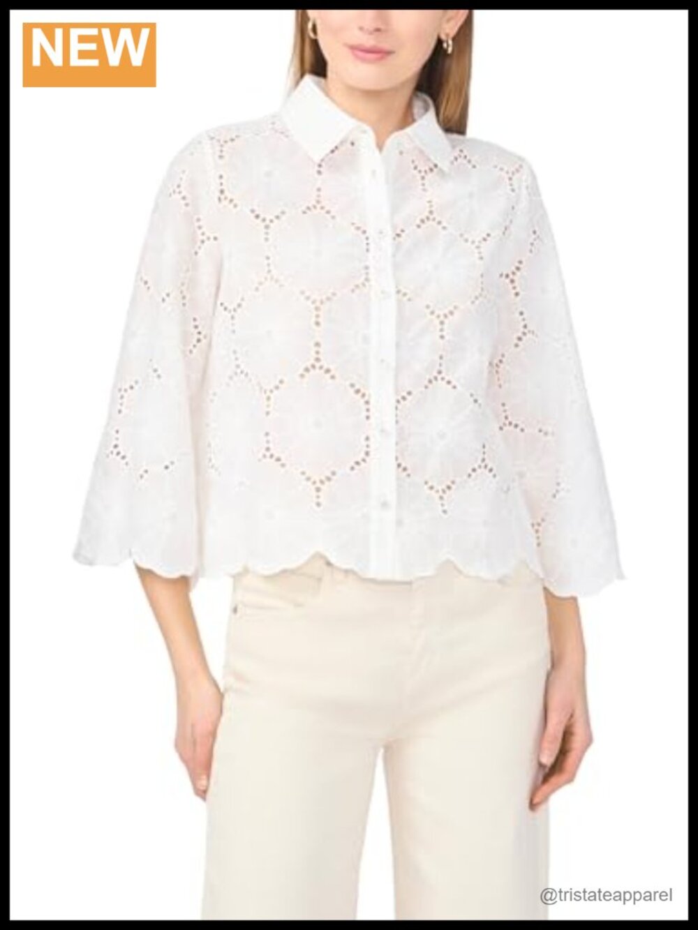 Vince Camuto Women's Collared 3/4 Sleeve Eyelet Blouse Cotton